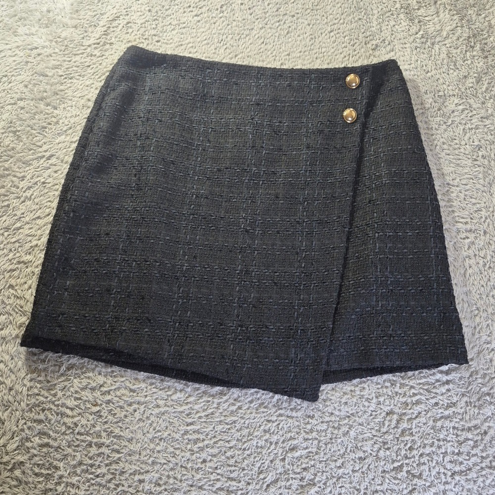 Nine West Wrap Mini Skirt WW43Y324RR2 Womens XL Black Tweed Gold Button NWT